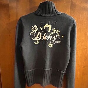 DKNY JEANS Black Knitted Cotton Sweater, Embroidered, Size S